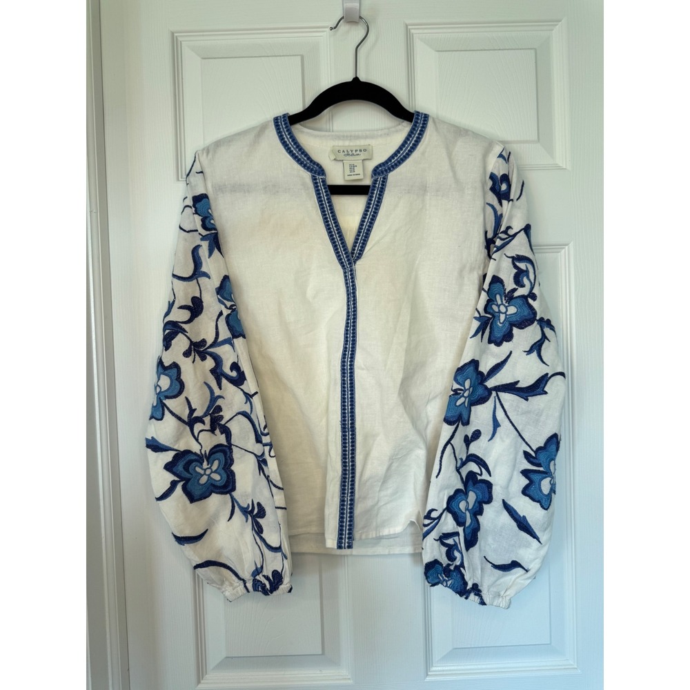 Calypso St Barth Embroidered Linen Blend Floral Puff Sleeve Blouse White Blue M